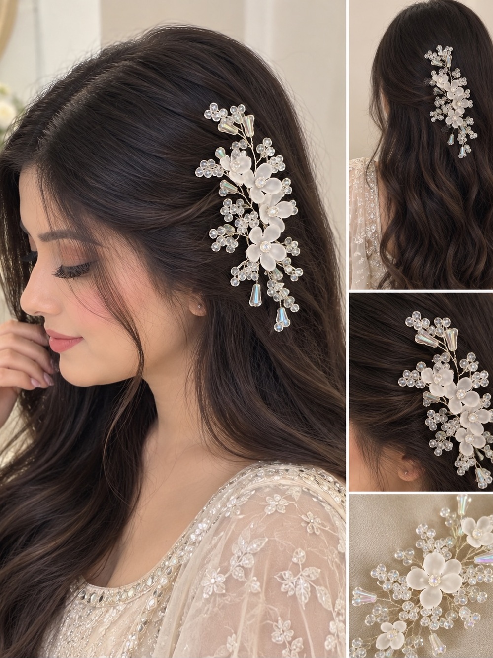 Delicate Crystal Floral Hair Clip - White